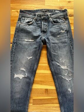 Replay Men's Distressed Dark Blue Slim Straight Jeans